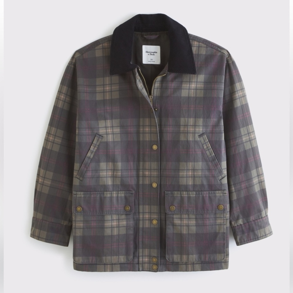 Mid-length waxed barn jacket- green plaid- NWT - sold out on A&F